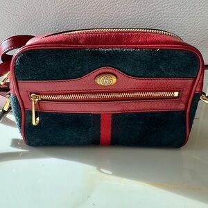 Gucci Ophidia Mini Crossbody Camera Bag in Blue Suede with Red Leather